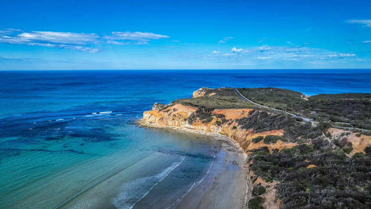 Aerial view of a Surf Coast headland and beach