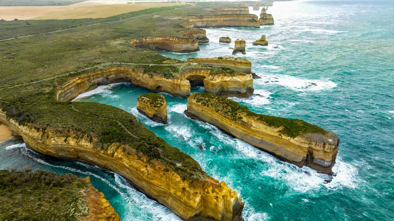 Aerial view of limestone sea stacks on the Great Ocean Road